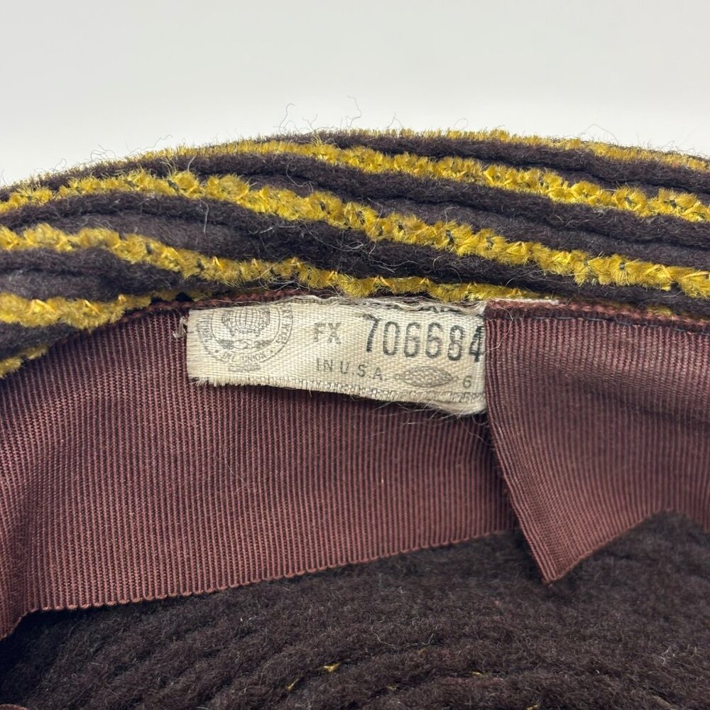 Vintage 50s Newsboy Hat Womens Striped Yellow Brown Knit Beret Cap - Picture 12 of 12